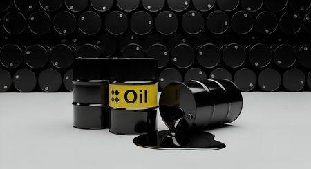 Several black oil barrels are stacked in a row, with one barrel tipped over and spilling thick,...