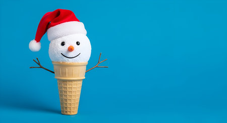 A whimsical snowman made from a scoop of ice cream sits in a waffle cone. It wears a red Santa hat and has twig arms and a carrot nose. The background is a solid, vibrant blue, creating a festive and cheerful holiday scene.の写真素材