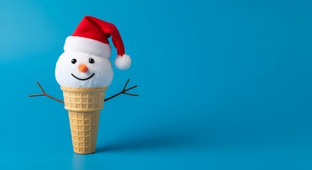 A whimsical snowman made from a scoop of ice cream sits in a waffle cone. It wears a red Santa hat and has twig arms. The background is a solid, vibrant blue, creating a festive and playful holiday scene.の写真素材