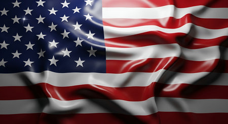 A close-up, realistic depiction of the American flag waving. The fabric shows detailed folds and textures, with the stars and stripes clearly visible. The lighting creates highlights and shadows, emphasizing the dynamic movement of the flag.の写真素材