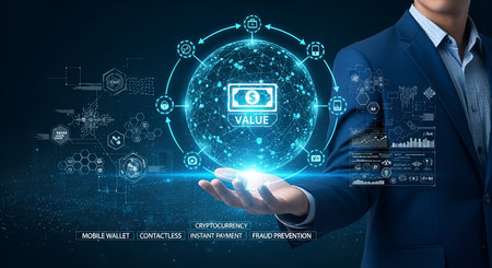 A businessman in a suit holds out his hand, supporting a glowing digital globe. The globe displays a dollar bill icon with the word "VALUE" and is surrounded by interconnected icons representing various business and financial services. The background is a dark blue digital interface with abstract lines and data visualizations.の写真素材