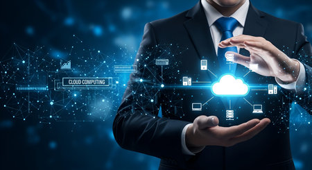 A person in a suit holds their hands open, presenting a glowing cloud icon at the center of a digital network. The network connects various devices like servers and laptops. The text "CLOUD COMPUTING" is displayed on a digital panel. The background is dark with blue bokeh lights.の写真素材