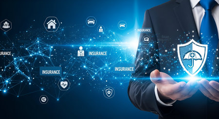 A man in a suit and tie holds a glowing shield with a medical cross and umbrella icon in his outstretched hand. A digital network of blue lines and nodes connects various icons representing insurance services like home, car, and health. The background is a dark blue gradient with light effects.の写真素材
