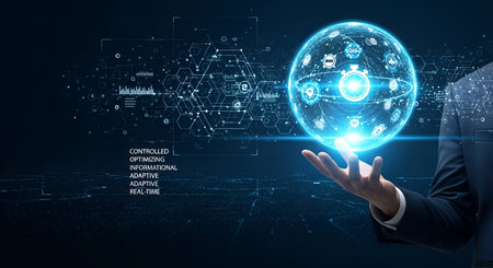 A man in a suit extends his hand, presenting a glowing blue digital globe formed by interconnected nodes and lines. The globe is adorned with various icons. To the left, a list of operational keywords like "CONTROLLED," "OPTIMIZING," and "REAL-TIME" is displayed against a dark, abstract background with subtle digital patterns.の写真素材