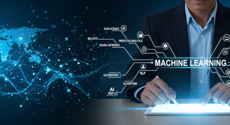 A man in a suit is looking at a tablet device that is emitting a bright light. A digital network of glowing blue lines connects various icons representing machine learning concepts such as AI, Big Data, NLP, and Automation. A stylized world map is visible on the left. The background is a dark blue gradient with glowing particles.の写真素材