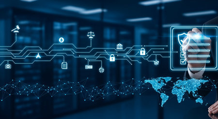 A hand is drawing a digital network of glowing blue lines and icons against a blurred background of server racks. The network includes symbols for law, security, documents, and data. A world map is visible at the bottom, connecting the digital network to a global context.の写真素材