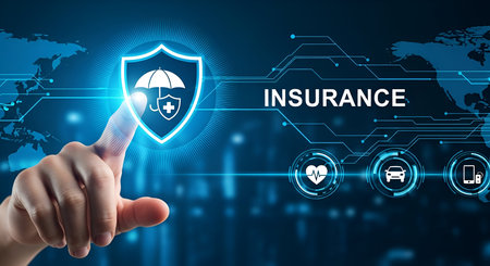 A person's finger is about to touch a glowing blue shield icon with an umbrella and a medical cross inside. The icon is part of a futuristic digital interface displaying the word "INSURANCE" and other service-related icons like a car, a mobile phone, and a heart rate monitor. The background features a blurred world map and abstract technological patterns.の写真素材