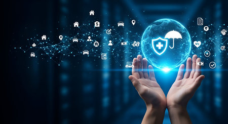 A pair of human hands cup a glowing digital globe. The globe features icons representing insurance and protection, including a shield with an umbrella, a medical cross, and symbols for home, car, and money, all connected by a digital network against a dark blue background.の写真素材
