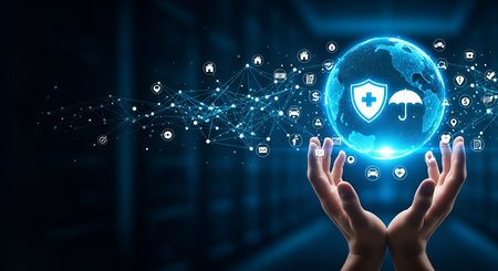 A pair of hands gently cradle a glowing digital globe. The globe is adorned with icons representing insurance and protection, including a shield, an umbrella, and a medical cross. A network of interconnected blue lines and nodes surrounds the globe, with smaller icons of houses, cars, and planes scattered around. The background is dark with blurred blue lights.の写真素材