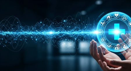 A pair of hands gently holds a luminous blue digital sphere at its center. A bright blue cross,...