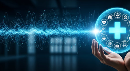 A pair of hands gently holds a luminous blue sphere adorned with medical and healthcare-related...
