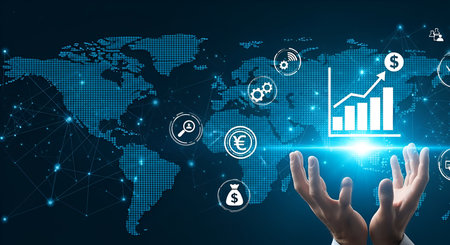 A pair of open hands supports a glowing blue financial growth chart and a world map overlaid with a...