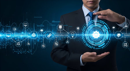 A man in a suit stands with his hands open, gesturing towards a complex digital network. The network...