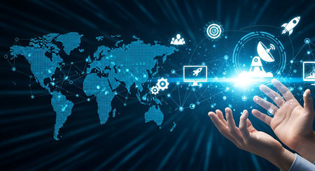 A person's hands are outstretched, holding a glowing digital representation of the world map....