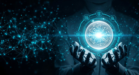 A person, whose hands appear to be robotic, holds a bright, glowing digital sphere. The sphere is...