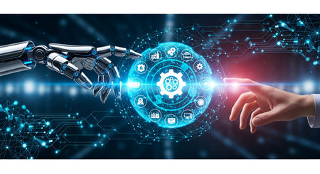 A metallic robot hand extends from the left, its fingers reaching towards a glowing blue digital...
