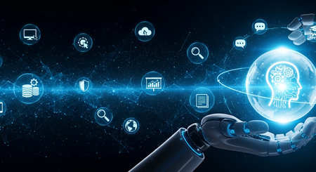 A robotic hand gently holds a luminous blue digital sphere containing an icon of a human head with...