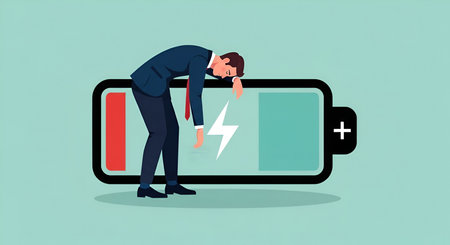 A businessman in a suit and tie is slumped over, head resting on a large battery symbol that shows a...