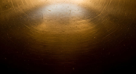 A close-up view of a brushed metal surface with a warm, golden-bronze hue. The texture is characterized by fine linear scratches and a scattering of small dust particles. A subtle gradient from a brighter center to darker edges suggests a curved surface or lighting effect. This image conveys a sense of industrial wear and tear.の写真素材
