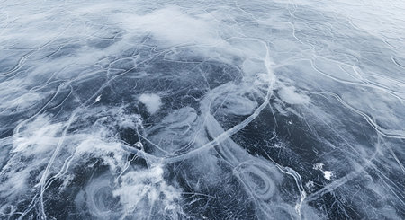 An aerial view of a frozen lake surface, showcasing intricate patterns of white cracks and swirling...