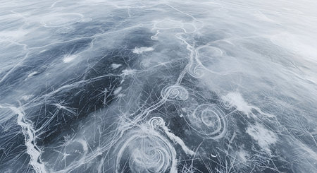 An abstract, high-angle view of a frozen ice surface. The ice is marked with numerous white...