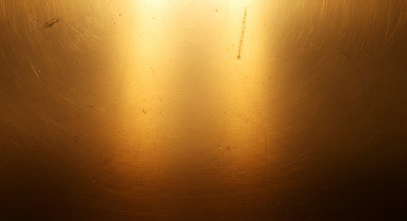 Photo showing brushed metal surface with golden light and scratches. High resolution image. Clear details and vibrant colors enhance visual appeal.の写真素材
