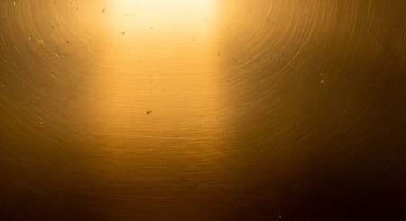 A close-up of a brushed gold metal surface with a warm, glowing spotlight effect emanating from the upper left. The texture shows fine circular brush strokes and subtle scratches, giving it a slightly aged and industrial feel. The light creates a gradient from bright gold to a darker hue.の写真素材