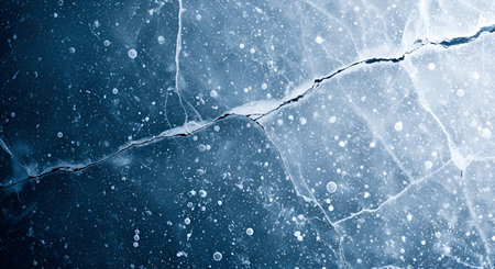 An extreme close-up of a frozen surface, predominantly blue, featuring a prominent, deep crack that...