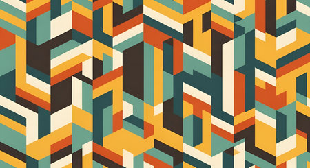 An abstract geometric pattern composed of interlocking shapes such as rectangles, parallelograms, and trapezoids. The design utilizes a retro color palette featuring shades of orange, yellow, teal, cream, and brown. The shapes are arranged in an isometric perspective, creating a sense of depth and dimensionality. The pattern is repeating and fills the entire frame.の写真素材