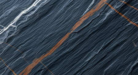 A close-up view of a dark slate surface reveals intricate natural patterns. Prominent veins of...