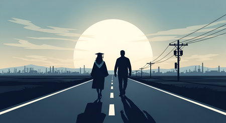 A silhouette of a graduate in a cap and gown and another person walking away from the viewer on a road. They are heading towards a large, bright sun or moon on the horizon, with a distant industrial city skyline and power lines flanking the road. The scene evokes a sense of journey and future possibilities.の写真素材