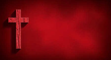 A textured red cross is positioned on the left side of a solid red background. The cross has a rough, wood-like appearance and casts a distinct shadow to its right, giving it a sense of depth and dimension. The background is a deep, rich red with subtle variations in tone, creating a dramatic and focused presentation of the religious symbol.の写真素材