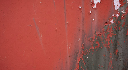 A detailed close-up of a weathered surface with peeling red paint. Large flakes of red paint are...