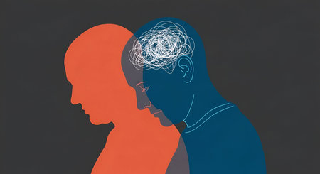 Two overlapping profile silhouettes of human heads are depicted. The foreground head is blue with a...
