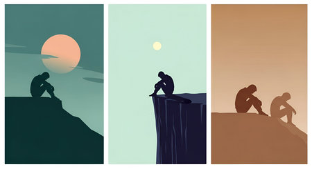 This triptych presents three distinct panels, each featuring a solitary silhouetted figure sitting on the edge of a cliff. The first panel depicts a figure against a dark, cloudy sky with a large, soft sun. The second shows a figure against a pale blue sky with a small, bright sun. The third panel features two figures against a warm, muted brown sky. All panels convey a sense of isolation and deep thought.の写真素材
