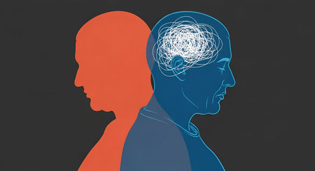 Two stylized male profiles face away from each other against a dark background. The profile on the...