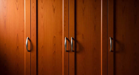 A close-up view of several wooden wardrobe doors with a rich, warm wood grain. Each door features a sleek, silver handle. Dramatic lighting casts long shadows, highlighting the vertical paneling and creating a sense of depth and texture. The polished surface reflects the light, adding a subtle sheen.の写真素材