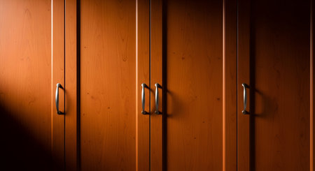 A close-up shot of several warm-toned wooden wardrobe doors. Each door features a vertical panel design and is fitted with a brushed metal handle. Dramatic light casts strong shadows, highlighting the wood grain and creating a sense of depth and texture. The overall impression is one of clean, simple, and elegant storage.の写真素材