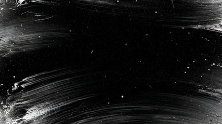 A dark, textured background featuring prominent white scratches and scattered dust particles. The...