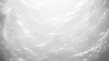 A close-up view of a translucent plastic sheet that is heavily crinkled and folded. The surface is bright white, with light shining through and reflecting off the many folds and creases, creating highlights and shadows. The texture is abstract and organic, with a soft, diffused quality.の写真素材