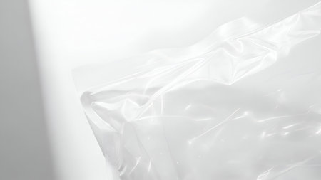 A close-up, abstract view of clear plastic packaging material. The surface is characterized by numerous wrinkles, folds, and creases, reflecting light and creating subtle shadows. The texture appears smooth and clean, suggesting its use in product protection or storage. The overall impression is one of sterile, industrial material.の写真素材