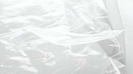 A close-up view of a translucent, white plastic sheet with numerous wrinkles and creases. The material is highly reflective, catching the light and creating bright highlights and soft shadows. The texture is organic and fluid, with folds and curves giving it a dynamic appearance. The background is a soft, neutral white.の写真素材