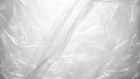 A close-up, abstract view of a translucent, wrinkled plastic sheet. The texture is characterized by...