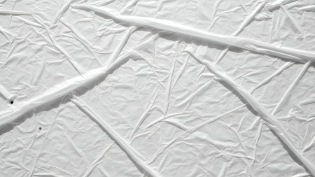 A detailed view of a white, crinkled tarpaulin. The surface is heavily wrinkled and folded, creating a complex pattern of light and shadow. The texture suggests a durable, outdoor material used for covering or protection.の写真素材