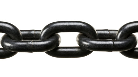 A close-up, isolated shot of several heavy-duty, dark gray metal chain links connected together. The...