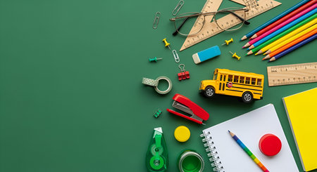 A collection of school supplies is artfully arranged on a textured green surface. Items include a...