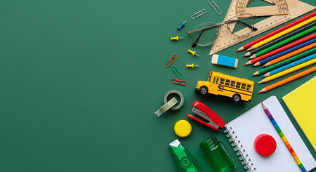 A collection of school supplies is neatly arranged on a textured green background. Items include...
