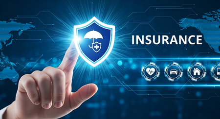 A human finger points towards a glowing blue shield icon with an umbrella and a medical cross inside, representing insurance. The word "INSURANCE" is prominently displayed to the right of the shield. A row of digital icons, including a heart, car, house, and computer, are arranged below. The background is a dark blue digital map with glowing lines and connections.の写真素材