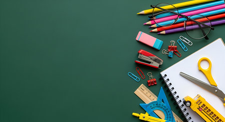 A collection of school supplies is neatly arranged on a dark green chalkboard background. Visible items include colored pencils, eyeglasses, an eraser, a stapler, paper clips, binder clips, a ruler, a protractor, scissors, a spiral-bound notebook, and a miniature yellow school bus. The supplies are positioned on the right side of the image, leaving ample space on the left.の写真素材