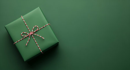 A single green wrapped Christmas gift is positioned in the upper left quadrant of the image. It is tied with a red and white striped baker's twine, forming a neat bow. The gift rests on a plain, dark green background, leaving ample negative space on the right side for text or other elements.の写真素材